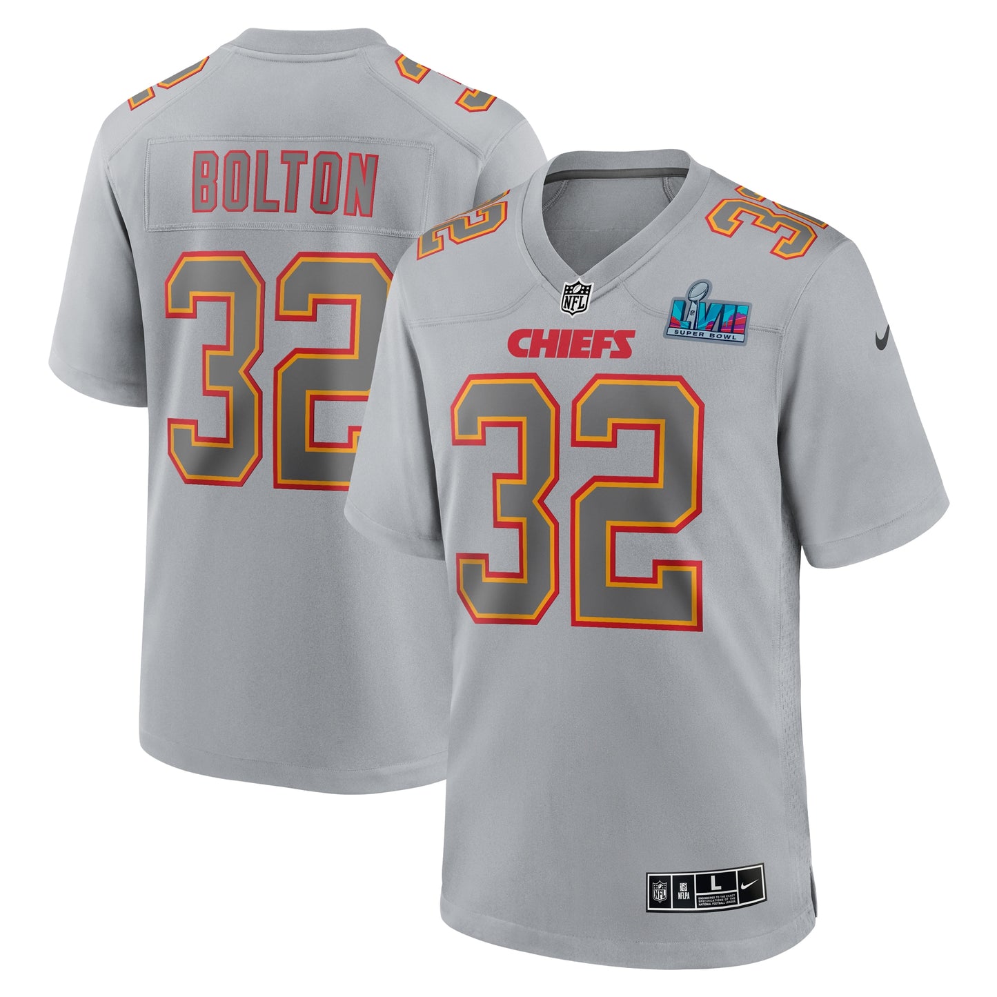 Nick Bolton Kansas City Chiefs Nike Super Bowl LVII Patch Atmosphere Fashion Game Jersey - Gray